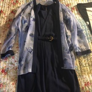 Navy blue dress with belt and silk-like cardigan